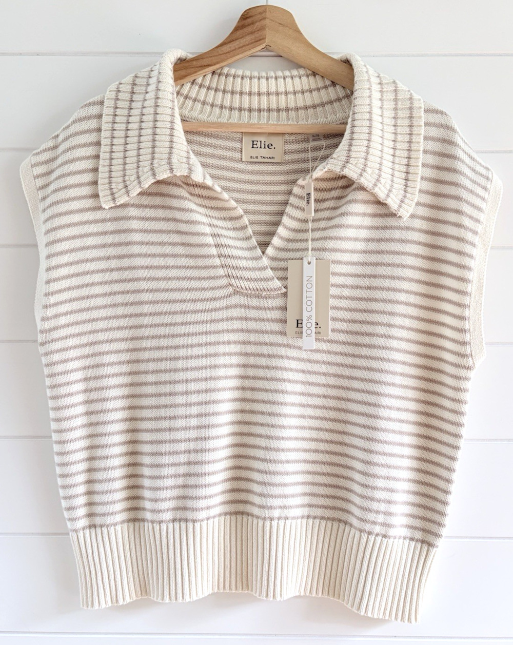 Elie Tahari Neutral Stripe Sweater Vest Cotton Collared V-Neck Preppy Coastal XL